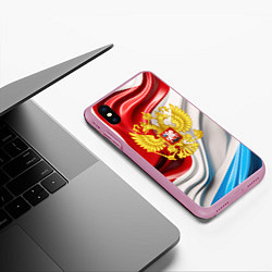 Чехол iPhone XS Max матовый Герб России на фоне флага, цвет: 3D-розовый — фото 2