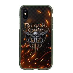 Чехол iPhone XS Max матовый Baldurs Gate 3 logo fire, цвет: 3D-темно-зеленый