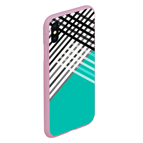 Чехол iPhone XS Max матовый Черно-белые переплетенные полосы на бирюзовом фоне / 3D-Розовый – фото 2