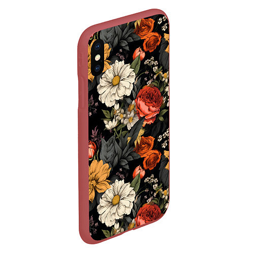 Чехол iPhone XS Max матовый Цветочный паттерн на черном / 3D-Красный – фото 2