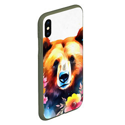 Чехол iPhone XS Max матовый Морда медведя гризли с цветами акварелью, цвет: 3D-темно-зеленый — фото 2