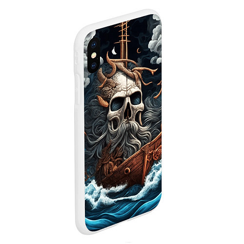 Чехол iPhone XS Max матовый Тату ирезуми черепа пирата на корабле в шторм / 3D-Белый – фото 2