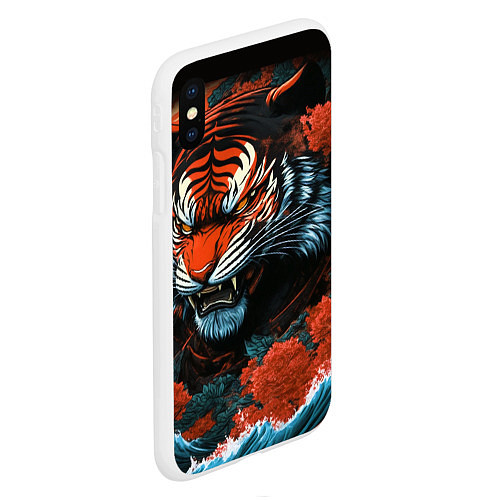 Чехол iPhone XS Max матовый Тигр с розами на волнах в стиле тату ирезуми / 3D-Белый – фото 2