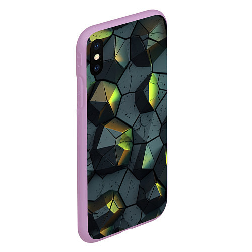 Чехол iPhone XS Max матовый Черная текстура с зелеными камнями / 3D-Сиреневый – фото 2