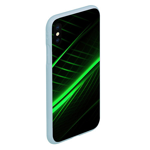 Чехол iPhone XS Max матовый Зеленые полосы на черном фоне / 3D-Голубой – фото 2