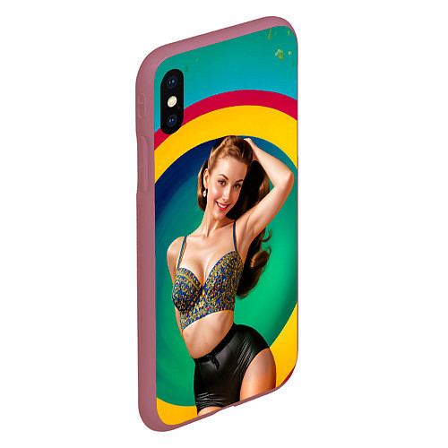 Чехол iPhone XS Max матовый Девушка в красочном расшитом топе на фоне цветных / 3D-Малиновый – фото 2