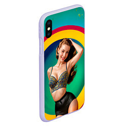 Чехол iPhone XS Max матовый Девушка в красочном расшитом топе на фоне цветных, цвет: 3D-светло-сиреневый — фото 2