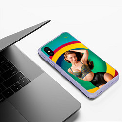 Чехол iPhone XS Max матовый Девушка в красочном расшитом топе на фоне цветных, цвет: 3D-светло-сиреневый — фото 2