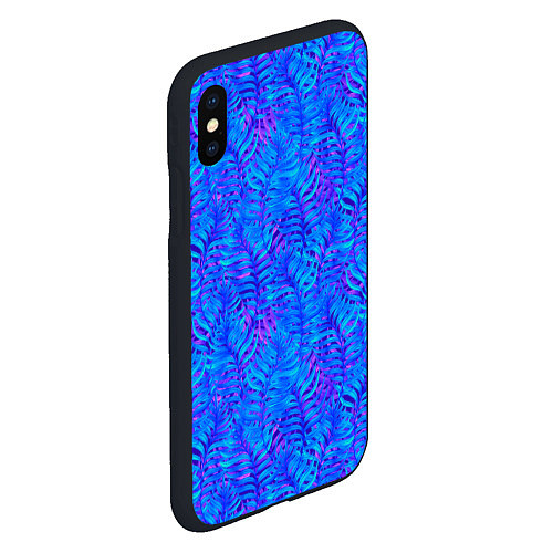 Чехол iPhone XS Max матовый Синие неоновые листья / 3D-Черный – фото 2