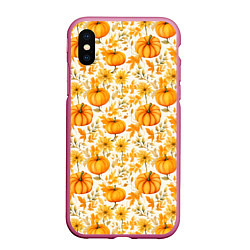Чехол iPhone XS Max матовый Тыквы и осенние цветы - паттерн, цвет: 3D-малиновый