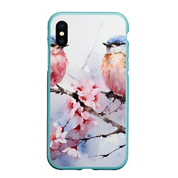 Чехол iPhone XS Max матовый Птицы в ветвях сакуры акварель