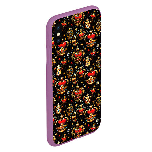 Чехол iPhone XS Max матовый Сердечки в золотых коронах / 3D-Фиолетовый – фото 2