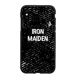 Чехол iPhone XS Max матовый Iron Maiden glitch на темном фоне: символ сверху, цвет: 3D-черный