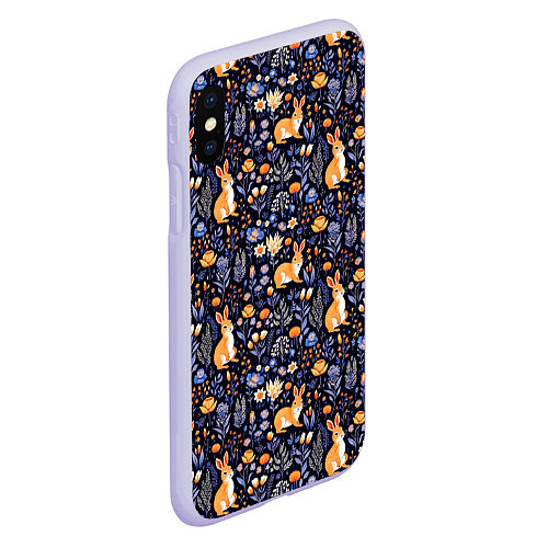 Чехол iPhone XS Max матовый Оранжевые зайчики в траве на синем фоне / 3D-Светло-сиреневый – фото 2