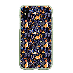 Чехол iPhone XS Max матовый Оранжевые зайчики в траве на синем фоне, цвет: 3D-салатовый