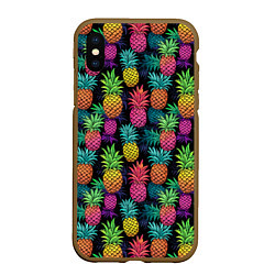 Чехол iPhone XS Max матовый Разноцветные ананасы паттерн