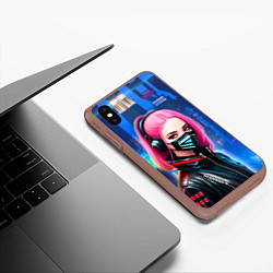 Чехол iPhone XS Max матовый Девушка с розовыми волосами - киберпанк, цвет: 3D-коричневый — фото 2