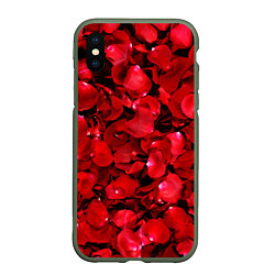 Чехол iPhone XS Max матовый Лепестки алых роз, цвет: 3D-темно-зеленый
