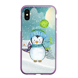 Чехол iPhone XS Max матовый Новогодний пингвин, цвет: 3D-фиолетовый