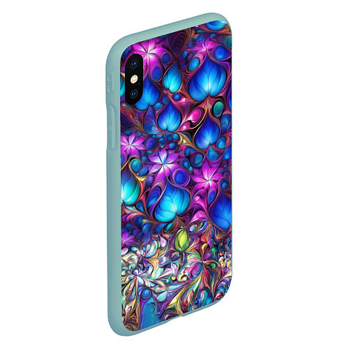 Чехол iPhone XS Max матовый Абстракция синие листья и фиолетовый цветы / 3D-Мятный – фото 2