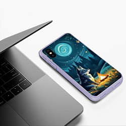 Чехол iPhone XS Max матовый Волк у костра в стиле фолк-арт, цвет: 3D-светло-сиреневый — фото 2