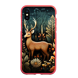 Чехол iPhone XS Max матовый Лесной олень в стиле фолк-арт, цвет: 3D-красный