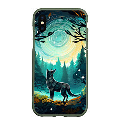 Чехол iPhone XS Max матовый Волк в ночном лесу фолк-арт