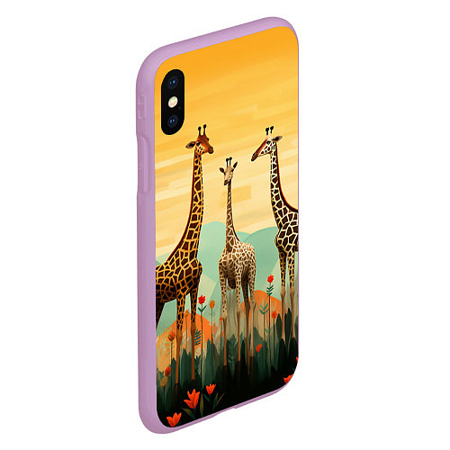 Чехол iPhone XS Max матовый Три жирафа в стиле фолк-арт / 3D-Сиреневый – фото 2