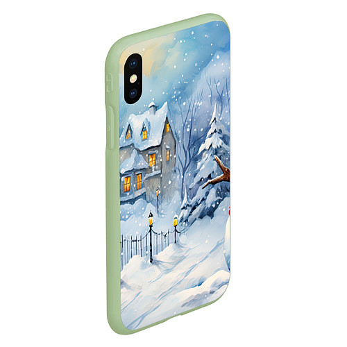 Чехол iPhone XS Max матовый Новогодний снеговик с шарфом / 3D-Салатовый – фото 2