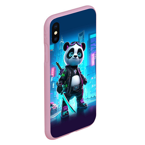 Чехол iPhone XS Max матовый Панда кибер самурай в ночном Нью-Йорке / 3D-Розовый – фото 2