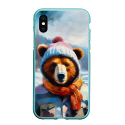 Чехол iPhone XS Max матовый Бурый медведь в зимней одежде, цвет: 3D-мятный