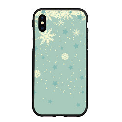 Чехол iPhone XS Max матовый Снежинки и звезды на матно зеленем