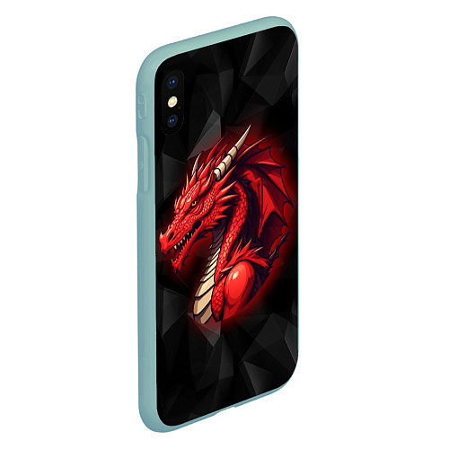 Чехол iPhone XS Max матовый Красный дракон на полигональном черном фоне / 3D-Мятный – фото 2