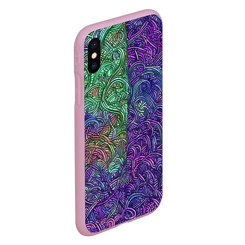 Чехол iPhone XS Max матовый Вьющийся узор фиолетовый и зелёный / 3D-Розовый – фото 2