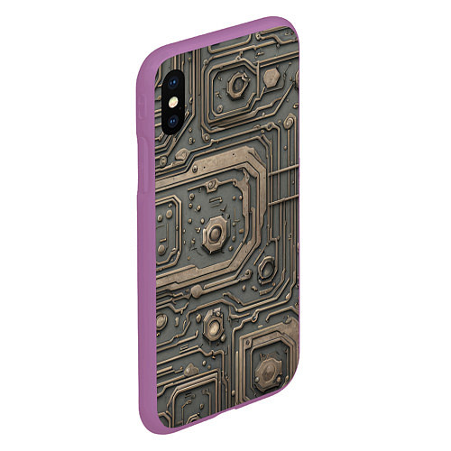 Чехол iPhone XS Max матовый Металлическая ржавая обшивка с микросхемами и гайк / 3D-Фиолетовый – фото 2