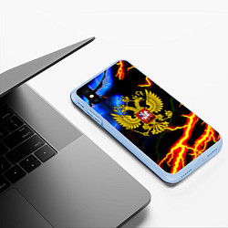 Чехол iPhone XS Max матовый Россия наша страна герб шторм, цвет: 3D-голубой — фото 2