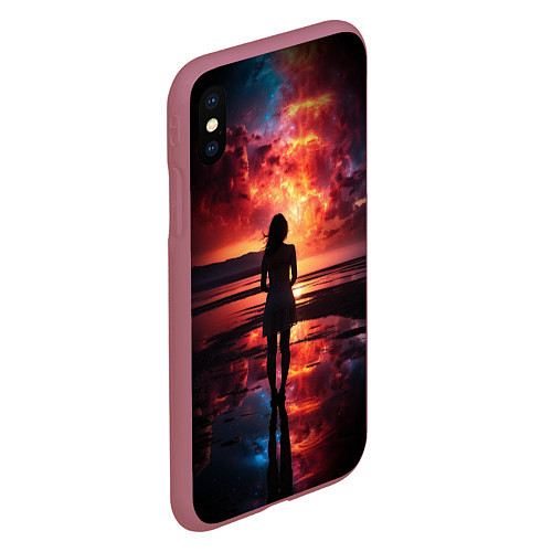 Чехол iPhone XS Max матовый Девушка на закате - космос / 3D-Малиновый – фото 2