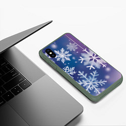 Чехол iPhone XS Max матовый Снежинки на фиолетово-синем фоне, цвет: 3D-темно-зеленый — фото 2