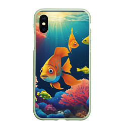 Чехол iPhone XS Max матовый Оранжевые рыбки и кораллы под водой, цвет: 3D-салатовый