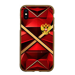 Чехол iPhone XS Max матовый Герб России на красном абстрактном фоне, цвет: 3D-коричневый