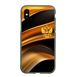 Чехол iPhone XS Max матовый Герб России на черном золотом фоне