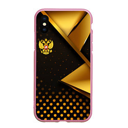 Чехол iPhone XS Max матовый Герб России на золотистой абстракции