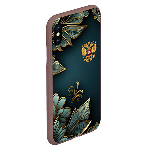 Чехол iPhone XS Max матовый Золотые листья и герб России / 3D-Коричневый – фото 2