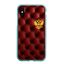 Чехол iPhone XS Max матовый Золотой герб России на красном кожаном фоне, цвет: 3D-мятный
