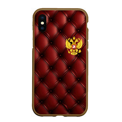 Чехол iPhone XS Max матовый Золотой герб России на красном кожаном фоне, цвет: 3D-коричневый