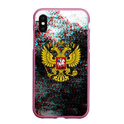 Чехол iPhone XS Max матовый Россия герб краски глитч, цвет: 3D-малиновый