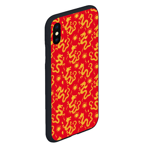 Чехол iPhone XS Max матовый Золотые драконы на красном фоне / 3D-Черный – фото 2