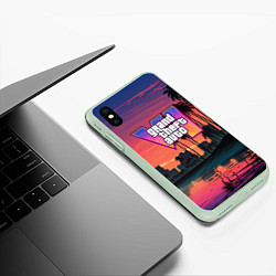 Чехол iPhone XS Max матовый GTA 6 лого на фоне заката, цвет: 3D-салатовый — фото 2