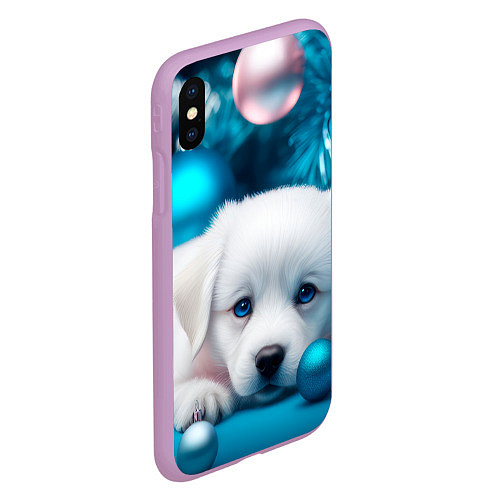 Чехол iPhone XS Max матовый Белый щенок с розовыми и голубыми шариками / 3D-Сиреневый – фото 2