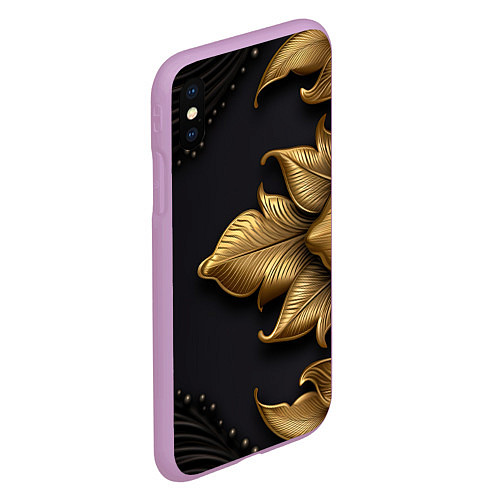 Чехол iPhone XS Max матовый Золотые объемные листья на черном фоне / 3D-Сиреневый – фото 2